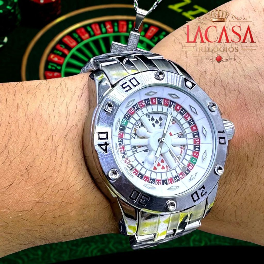 Relógio Masculino Luxo Invicta Roleta Cassino 100% Funcional Elegante Prata Quartzo Aço Inoxidável