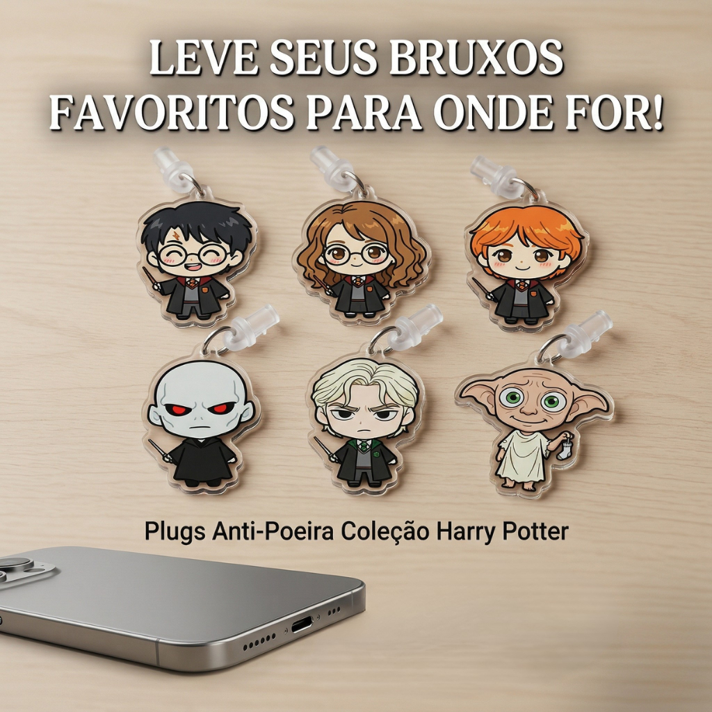 Kit 6 Plug Protetor Pingente Celular Anti Poeira Tampa Tipo C Kindle Tablet Decorar Harry Acrílico