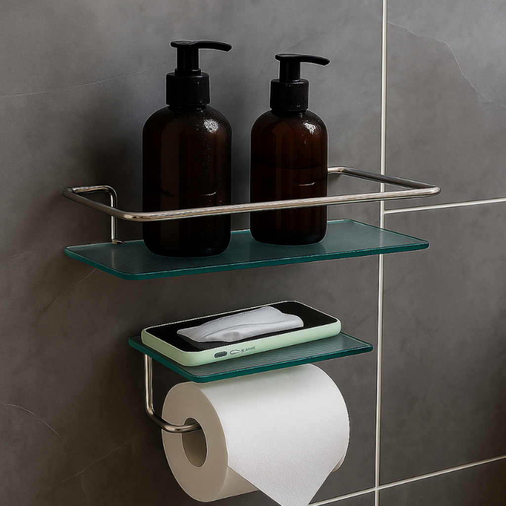 Kit Porta Shampoo Reto Veneza Prateleira Vidro 30cm + Papeleira com Porta Objetos Porta Celular em Oferta na Shopee