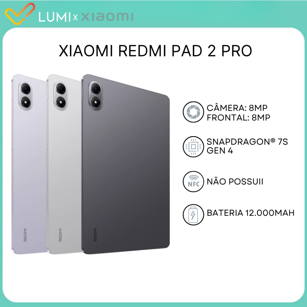 Tablet Redmi Pad 2 PRO, 128-256GB e 6-8GB RAM, Processador Snapdragon 7s Gen 4, Bateria 12.000mAh, Versão Global,