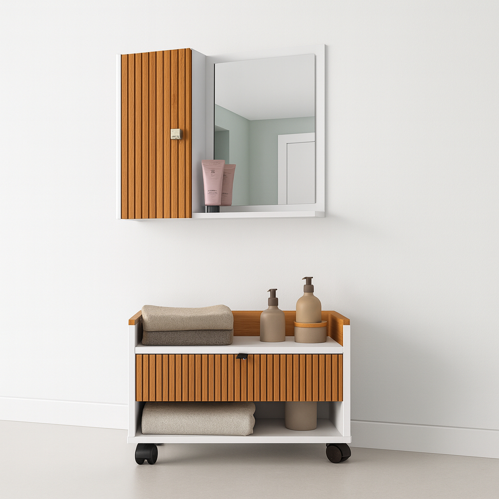 Kit Com 1 Armário Gabinete Para Banheiro Prisma e 1 Espelheira Com Prateleira Genova - JM3 Móveis