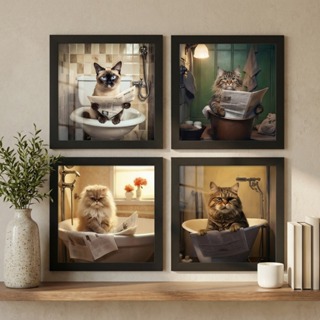 Kit 4 Quadros Decorativos 18x18 cm com moldura e vidro gatos no banheiro em Oferta na Shopee