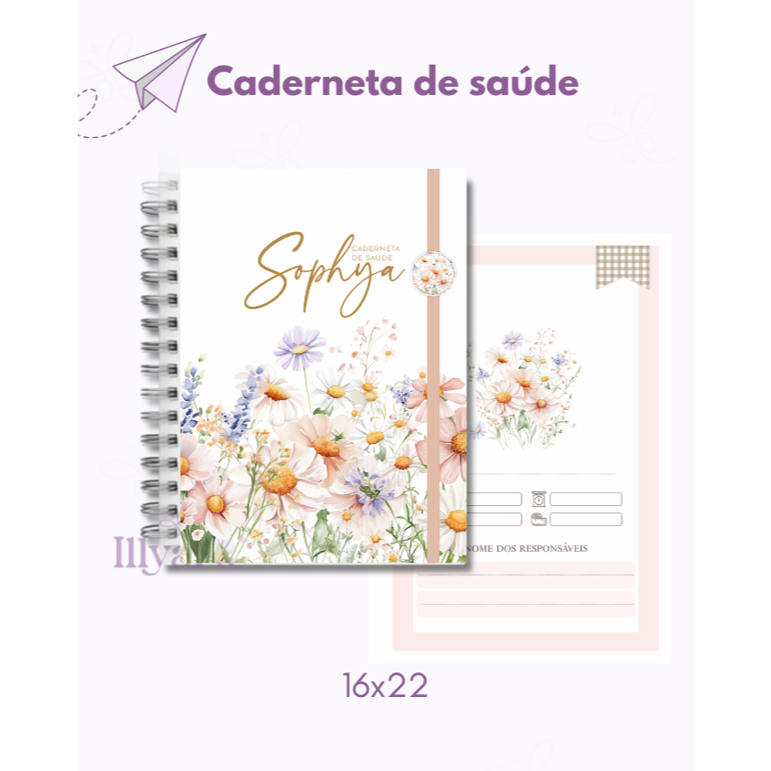 Caderneta de Saúde Personalizada Floral Jardim | Nome da Criança, Vacinas, Consultas, Capa Dura, Maternidade