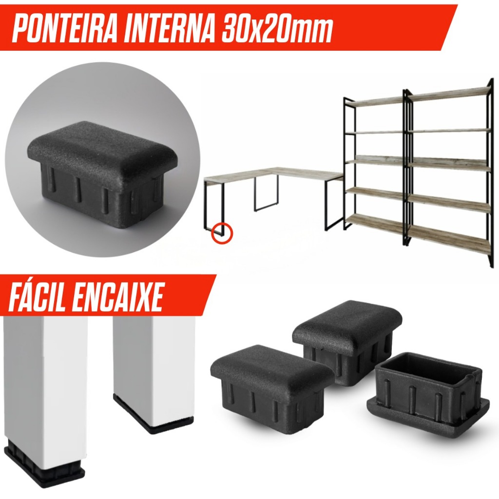 Kit 20,40,80,100,120 Ponteira Retangular Interna 30x20mm Preta Metalon Móvel Pezinho Antirrisco
