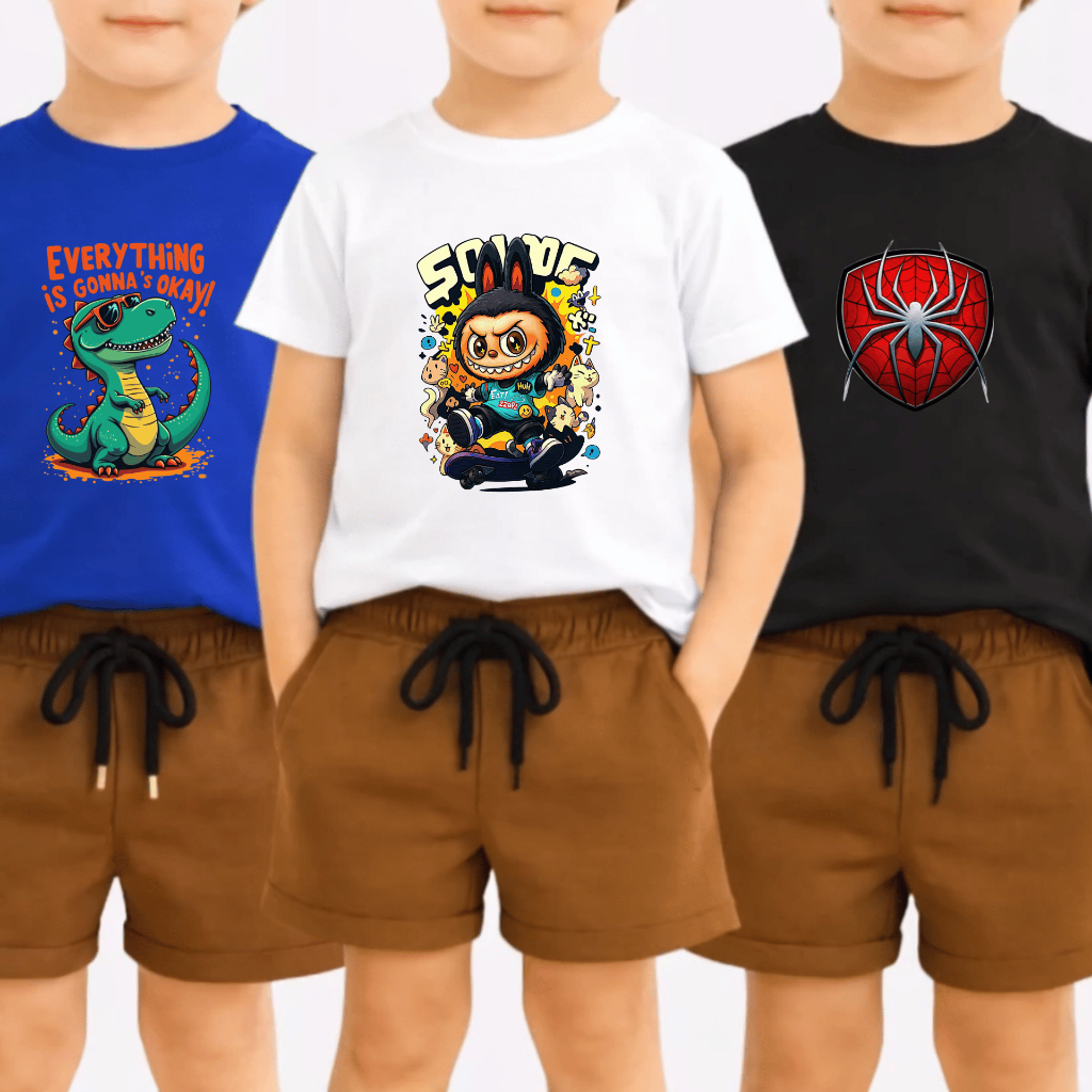 Kit 3 Camisetas Infantil Menino Masculino Labubu Homem Aranha Dinossauro Envio Imediato DTF Premium