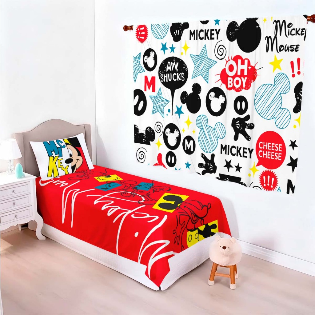 Kit Enxoval Micky Cortina Estampada + Fronha e Cobre Leito Decoração Quarto Infantil Menino Menina