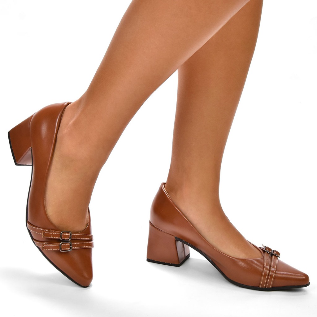 Sapato Scarpin Feminino Bico Fino DONATELLA SHOES Social Trabalho Salto Bloco Quadrado Alto Confortável Enfeite Duas Fiv