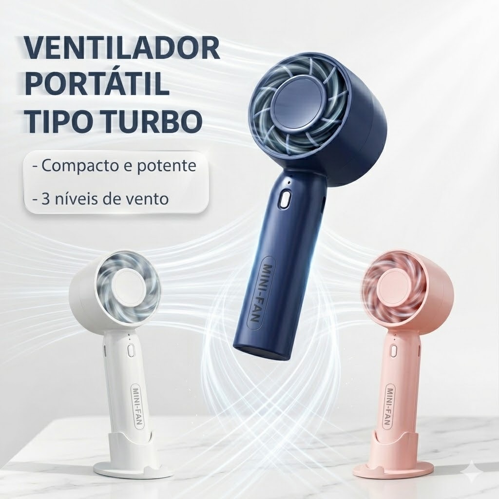 Ventilador Mini Portátil USB Recarregável Turbo 3 Velocidades Silencioso Forte Suporte Celular Potente