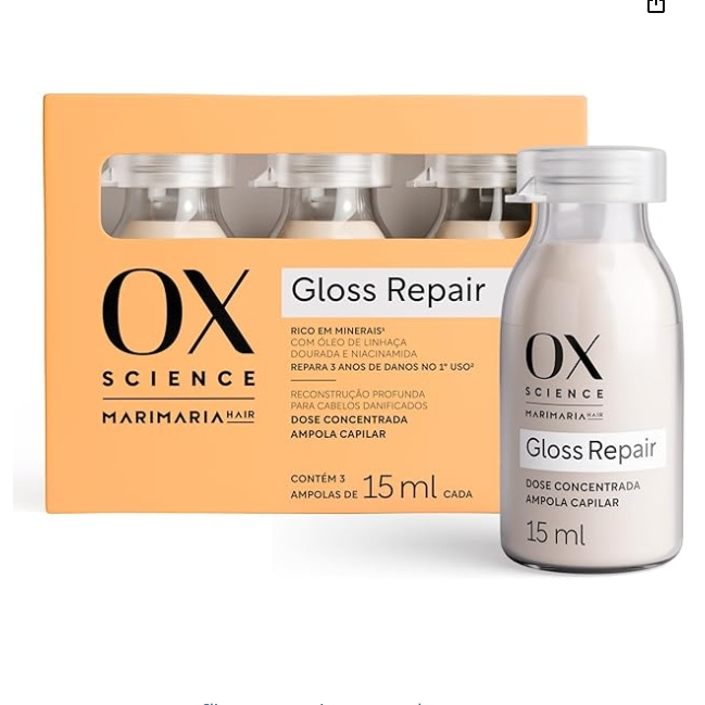 Kit 3 Ampolas Capilares Dose Concentrada Gloss Repair Ox Science Reconstrução Profunda para Cabelos Danificados 15ml cad