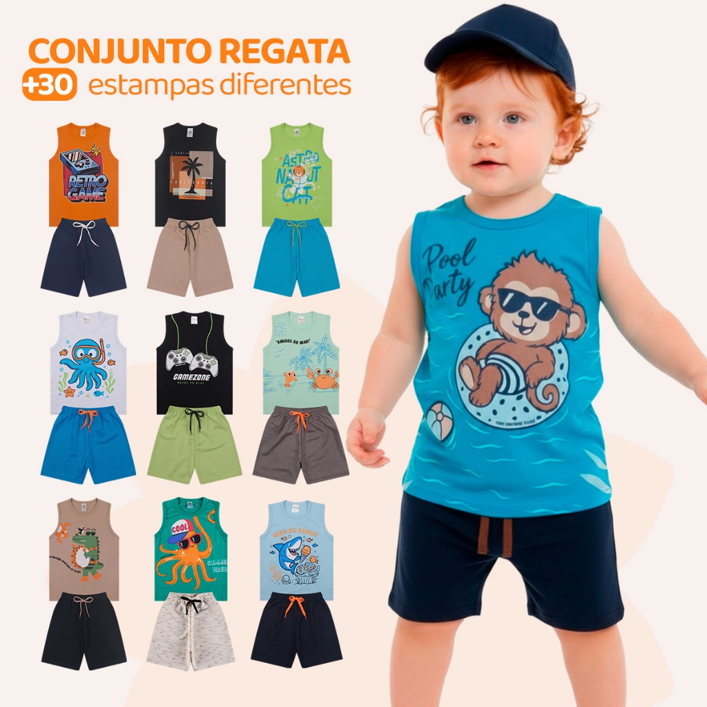 Kit  6 ou 8 Peças de Conjunto Regata para Meninos Infantil Masculino Blusa e Shorts De Verão Em Algodão