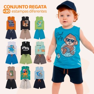 Kit  6 ou 8 Peças de Conjunto Regata para Meninos Infantil Masculino Blusa e Shorts De Ve…
