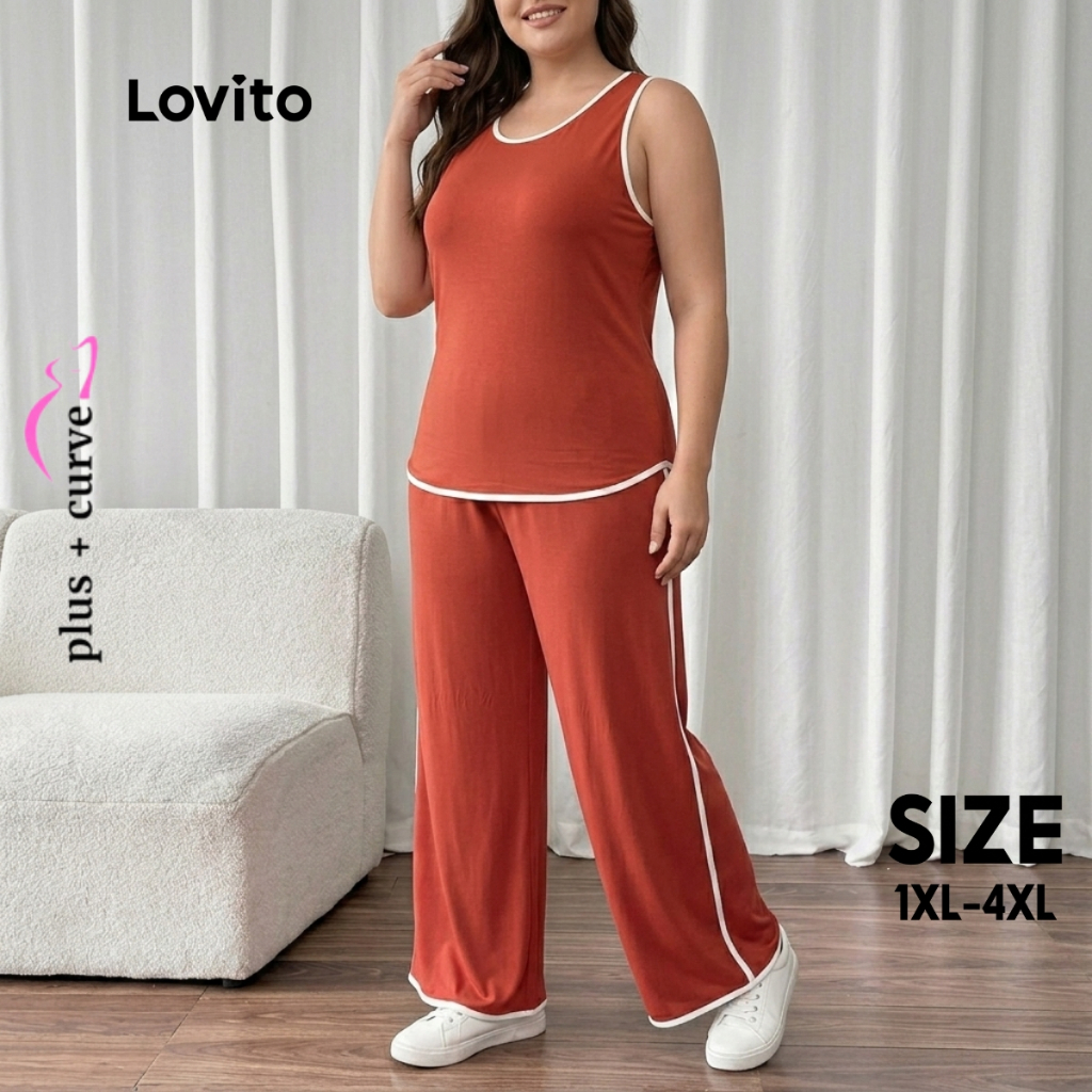 Lovito Plus Size Conjunto Regata e Calça de Malha com Listra PSB1221BRL1251
