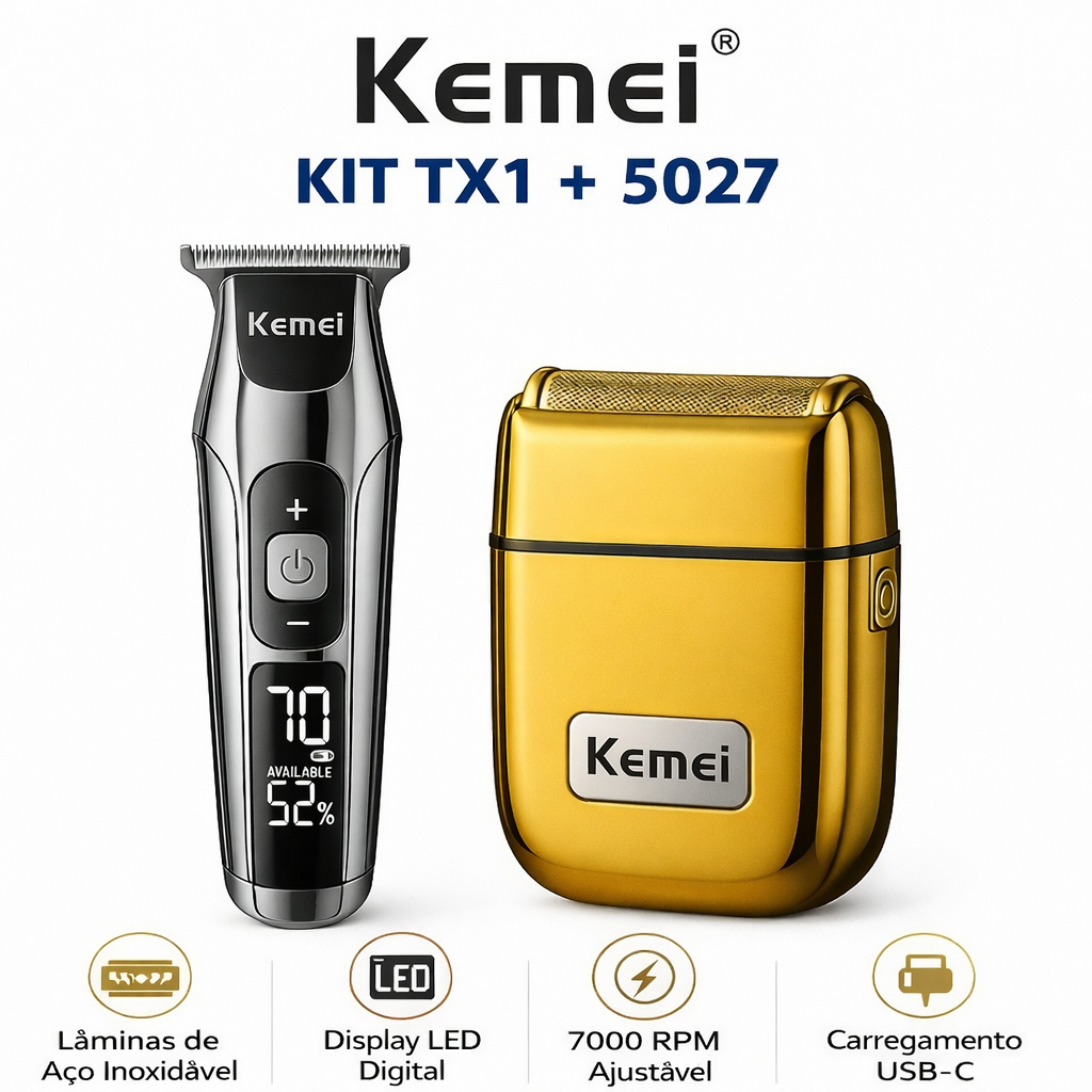 Kit Kemei Tx1 5027 Máquina De Cortar Cabelo Acabamento Barbeiro Aparador Profissional Recarregável