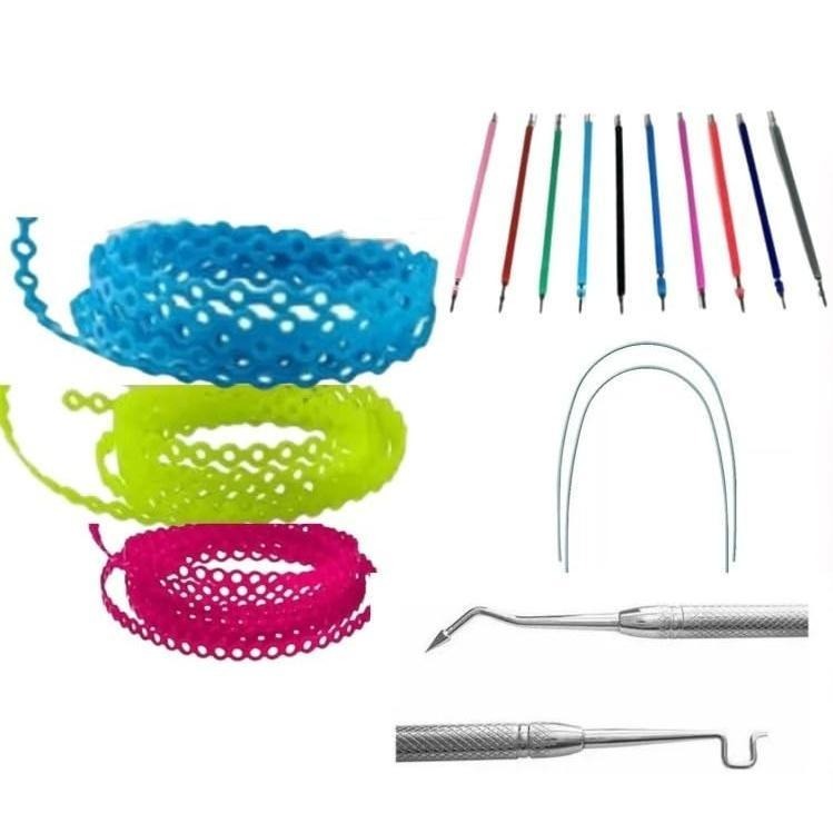 Kit 1000 Borrachinhas de Aparelho (10 Cores) + 05 Pares Trançada + 01 Aplicador Inox + 02 Fios de 14 mm