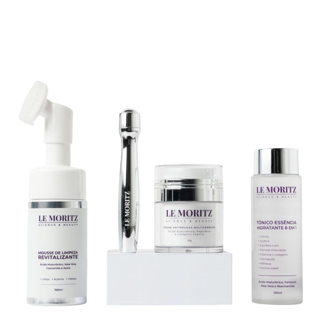 Kit Skincare e Hidratação Pele Madura Espuma de Limpeza, Tônico 8 em 1, Creme Antirrugas e Sérum Olhos Le Moritz
