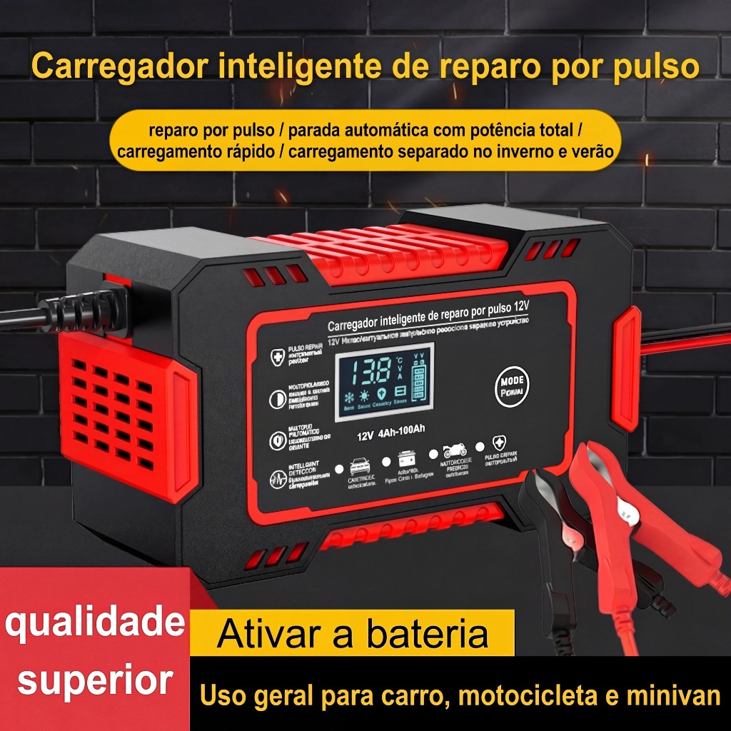 Carregador Bateria 12V 6A Inteligente Bivolt LCD - Reparação Puls Automático Baterias Chumbo Ácido 4-100Ah em Oferta na Shopee