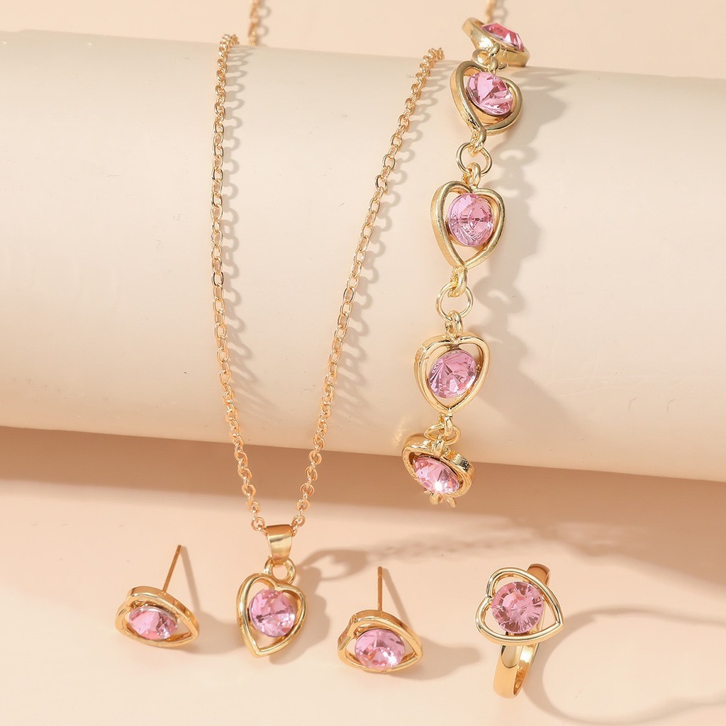 Conjunto Mulheres De Joias De Coração Oco 4 Peças Colar  Brincos Pulseira De Anel, disponível em várias cores