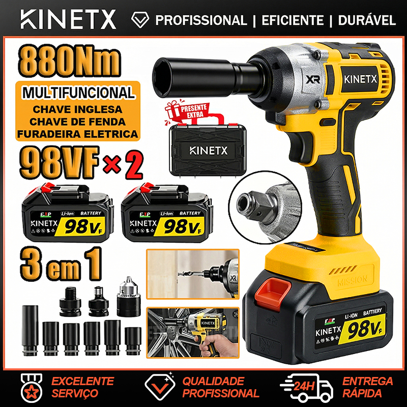 Chave De Impacto Parafusadeira Furadeira 98VF 2 Baterias Sem Fio Soquetes com Maleta Profissional | KINETX