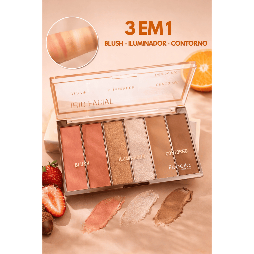 Paleta Trio Facial 3 em 1 Blush Iluminador Contorno Alta Pigmentação Multifuncional