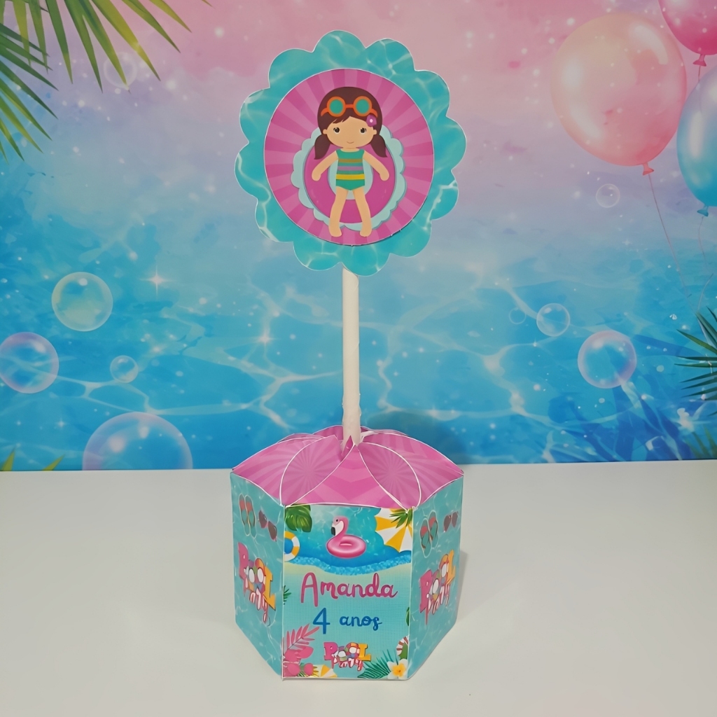 Pegue e Monte / Centro de Mesa Personalizado P -  Pool Party Menina -  Caixa Sextavada Festa Aniversário infantil