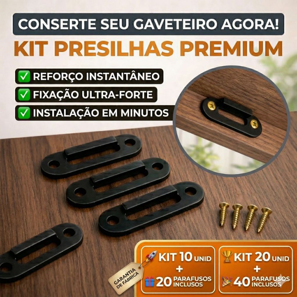 10 Presilhas Reforço Fundo Salva Gaveta + 20 Parafusos – Alta Resistência