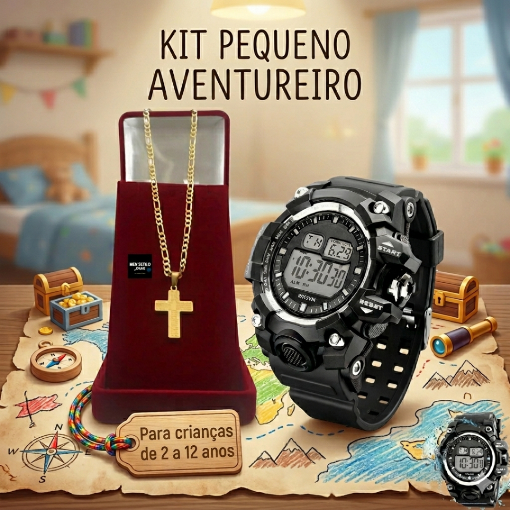 Corrente Infantil Masculina Banhada a Ouro com Pingente de Cruz Pai Nosso + Relogio Digital America