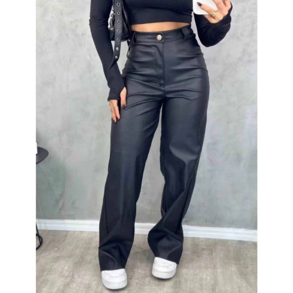 Calça Couro Fake Feminina Cintura Alta Wide Leg Pantalona Preta Couro Ecológico  Premium