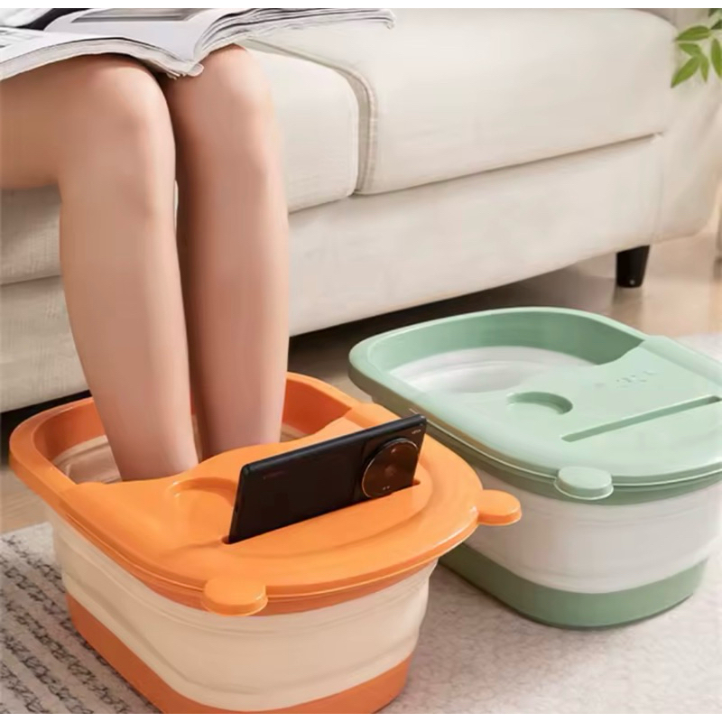Balde Bacia Dobrável com Tampa Para Pés Massageador Escalda Pés Spa Portátil Com Suporte Para Celular e Copo