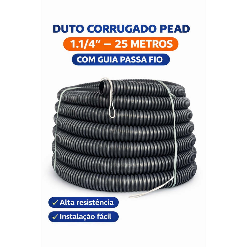 Duto Corrugado PEAD 1.1/4 25m com Guia Passa Fio | Eletroduto Flexível Preto para Cabos Elétricos