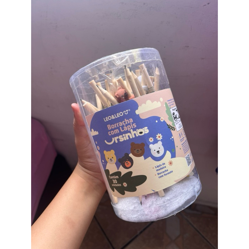 🧸 Pote de Lápis Grafite com Borracha Ursinhos Leo&Leo - 30 Unidades