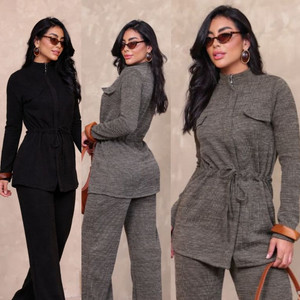 Conjunto Femenino Malha RIB   2 Peças Blusa e Pantalona Gola Cadete com Bolsos Moda Inverno