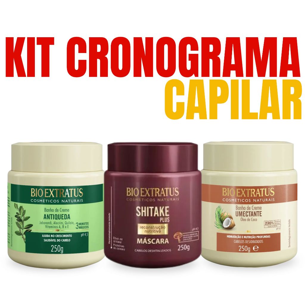 Kit Cronograma Capilar Bioextratus 3x250g Antiqueda Crescimento Fortalecimento Hidrat Nutr Reconst