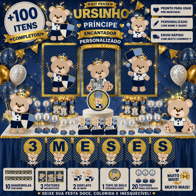 KIT FESTA URSINHO PRÍNCIPE PERSONALIZADO SÓ UM BOLINHO | MÊSVERSÁRIO ANIVERSÁRIO | 100 | 50 | 30 ITENS | LEMBRANCINHA
