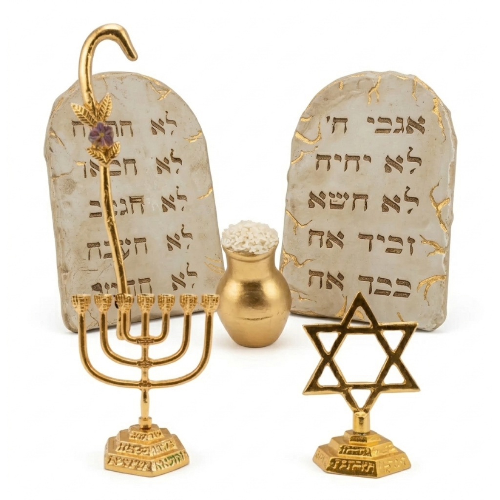 Kit Utensílios Da Arca Da Aliança Grande + estrela de davi + castiçal menorah