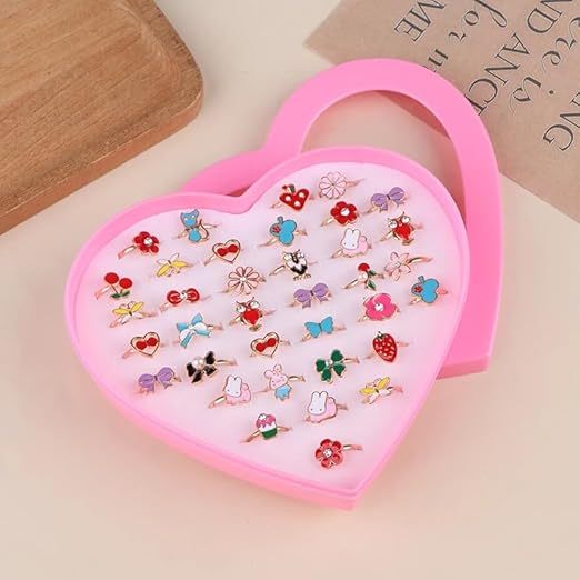 Kit 36 Anéis Infantil Menina Ajustável Sortidos + Caixa Coração Brinquedo Princesa sortidos