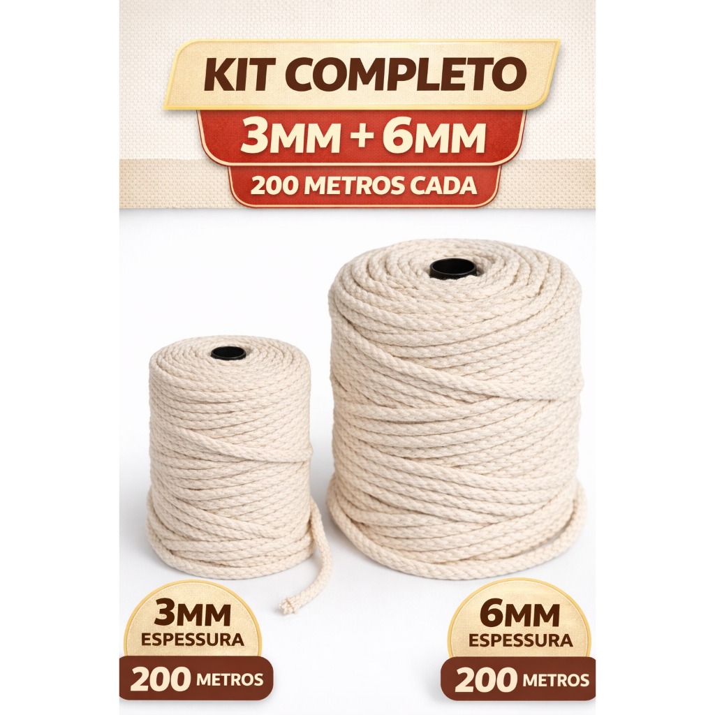 Kit Cordão 3mm e 6mm 200m Cada | Algodão Cru Macramê Artesanato Completo