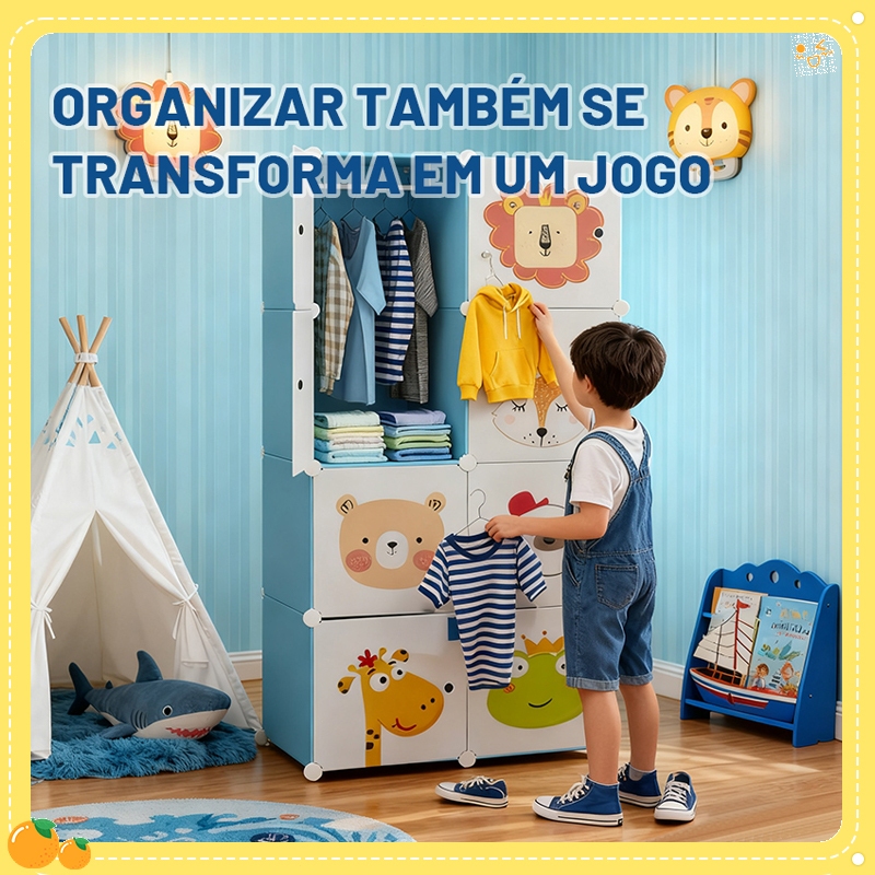 Guarda-Roupa Organizador Infantil Multifuncional com Desenhos de Animais - Montagem Simples, Material Seguro para Roupas