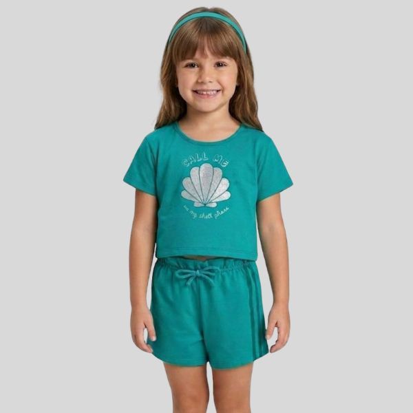 Conjunto Infantil de Verão Roupa Menina Blusa Cropped Confortável Shorts Com Elástico