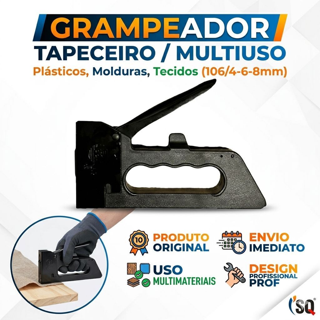 Grampeador Tapeceiro Manual Preto Grampos 8mm Ferramenta Uso Profissional