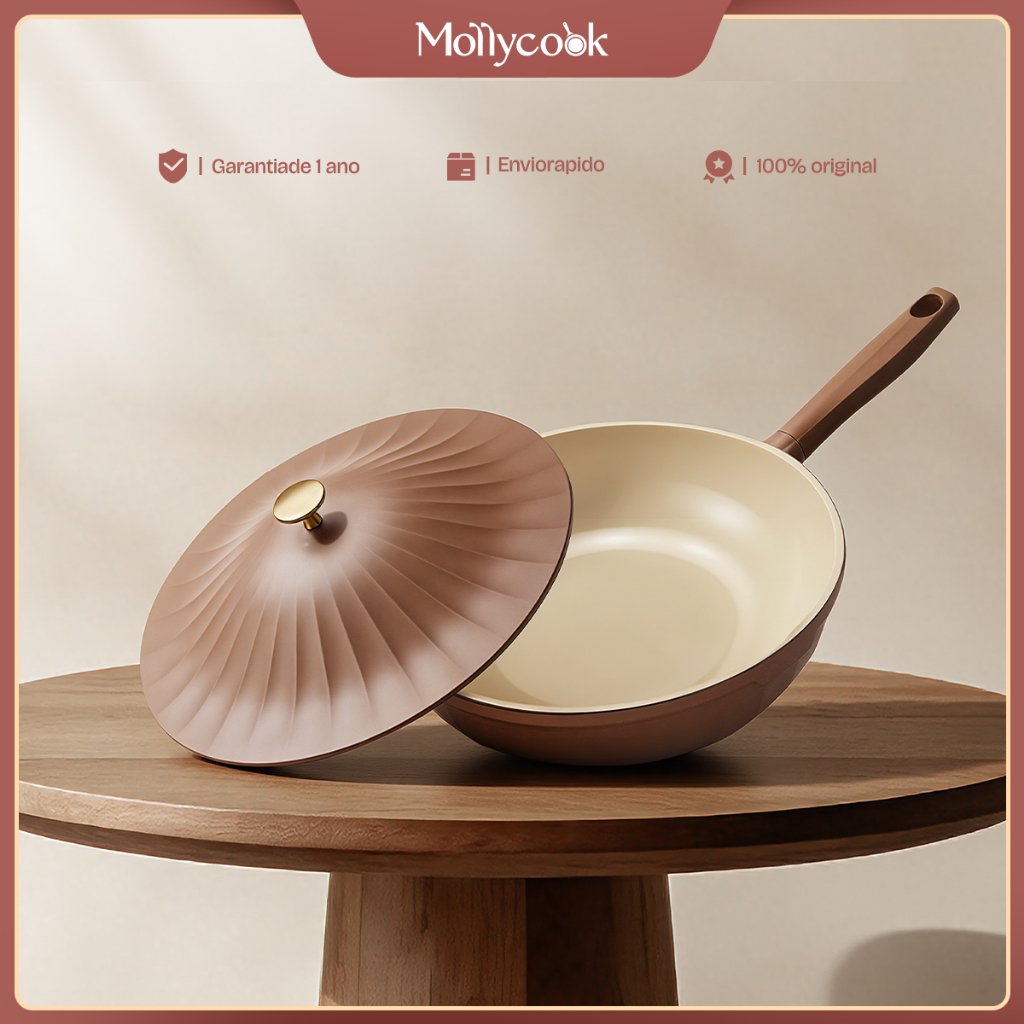 Mollycook Panela Wok Alumínio 32cm 5.7L Cerâmica Antiaderente Indução Gás Com Tampa