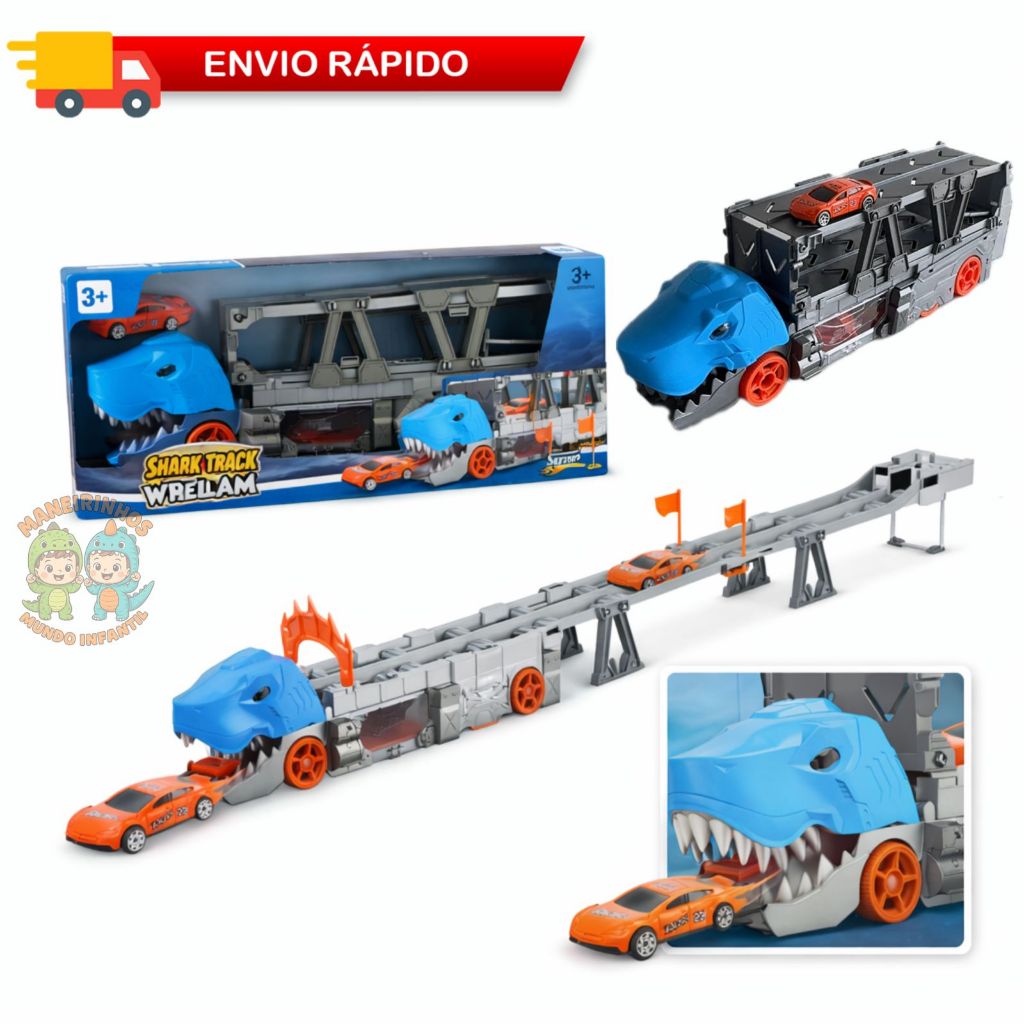 Caminhão tubarão Dino Carretinha Leva Carrinho Pista Infantil lança carrinho - super pista de corrida dino