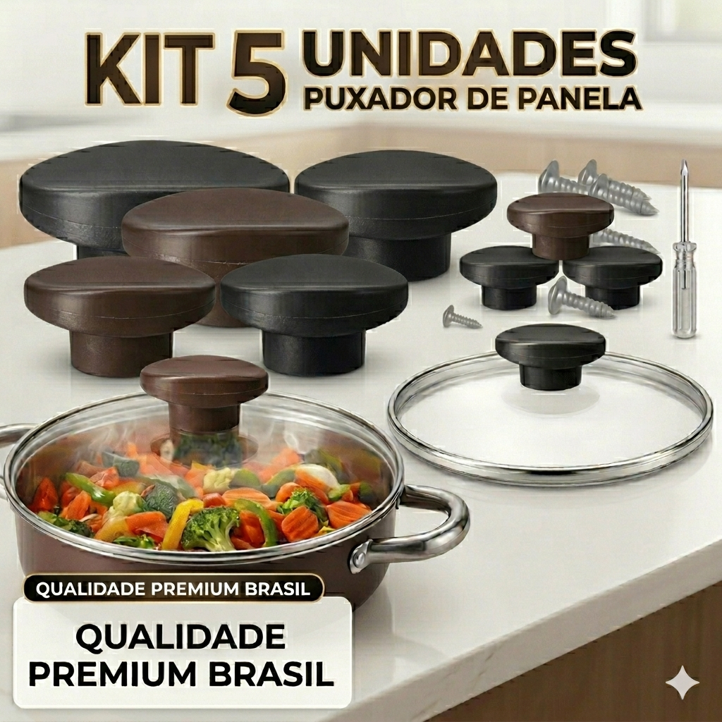 Kit 5 Pomel Puxador De Tampa Panela Universal Cabo Pegador Preto ou Marrom