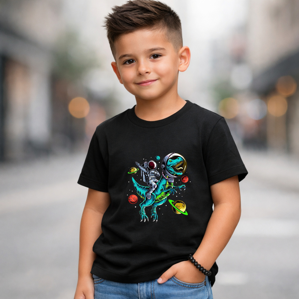 Camiseta Infantil Masculina 100% Algodão Dinossauro Astronauta Espaço Menino Verão Roupa Infantil Presente Promoção