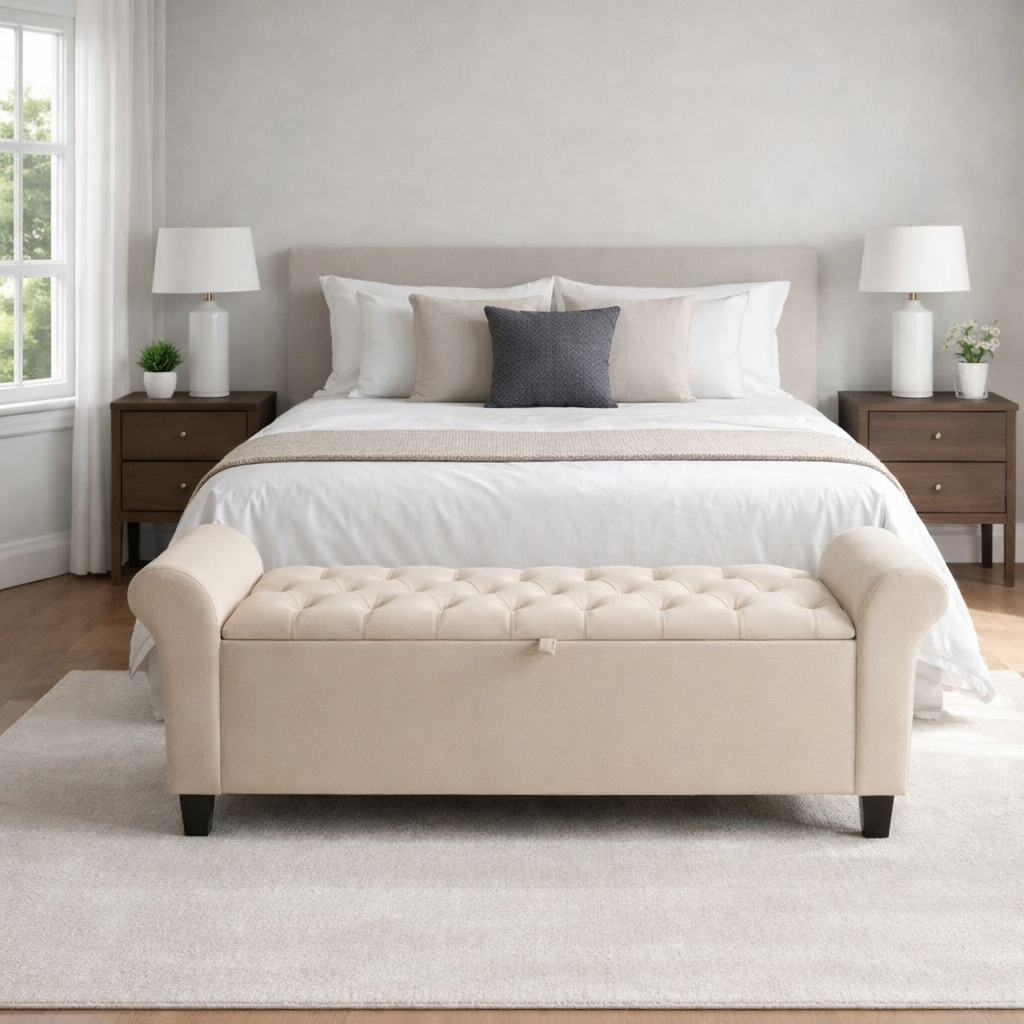 Puff Baú Recamier 150cm Queen Com Braços Estofado Suede Para Quarto Sala Organizador Luxo Multiuso