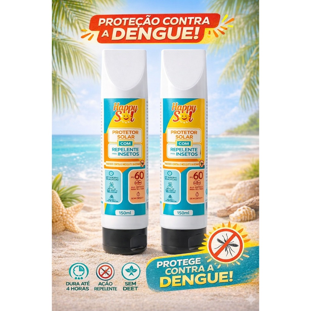 Kit 2 Protetor Solar FPS 60 c/ Repelente - Happy Sol Praia Piscina Verão Família, rosto e corpo