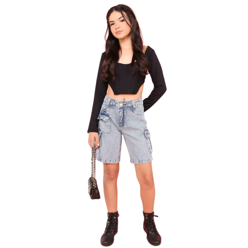 Short Cargo pedal menina Jeans Juvenil Infantil Lavagem Clara Fashion Tendência