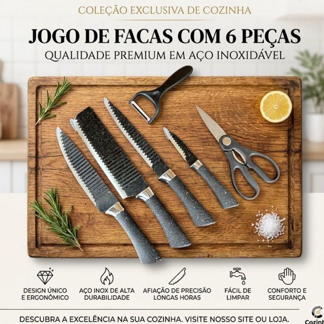 Conjunto Facas Chef de Cozinha 6 Peças Inox Cabo Ergonômico Kit Faca Trinchar Descascador Cutelo Tesoura Faqueiro