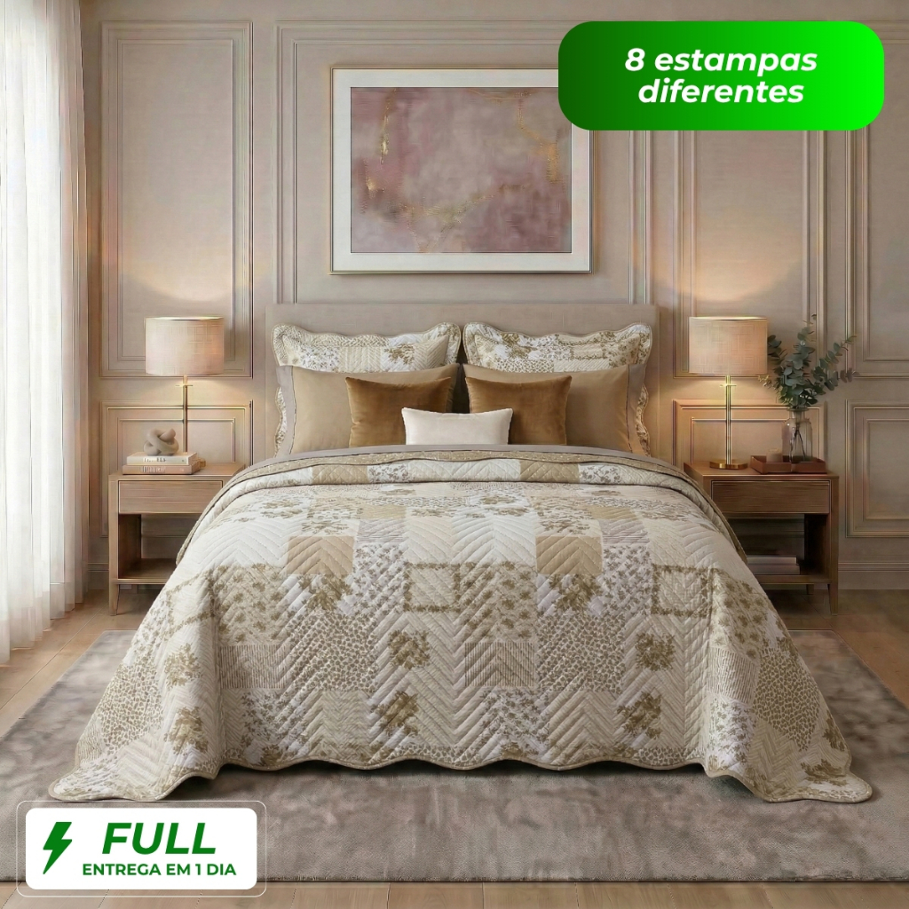 Colcha Cobre Leito Verona Queen King Casal 3 Peças Dupla Face Estampada Floral Cacintex Luxo