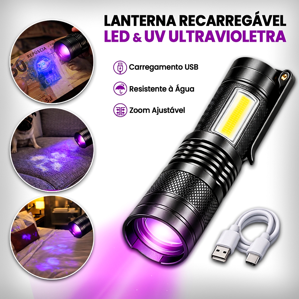 Lanterna Led Ultravioleta UV  Luz Negra Roxa Identifique Resíduos Nota Falsa Urina Insetos
