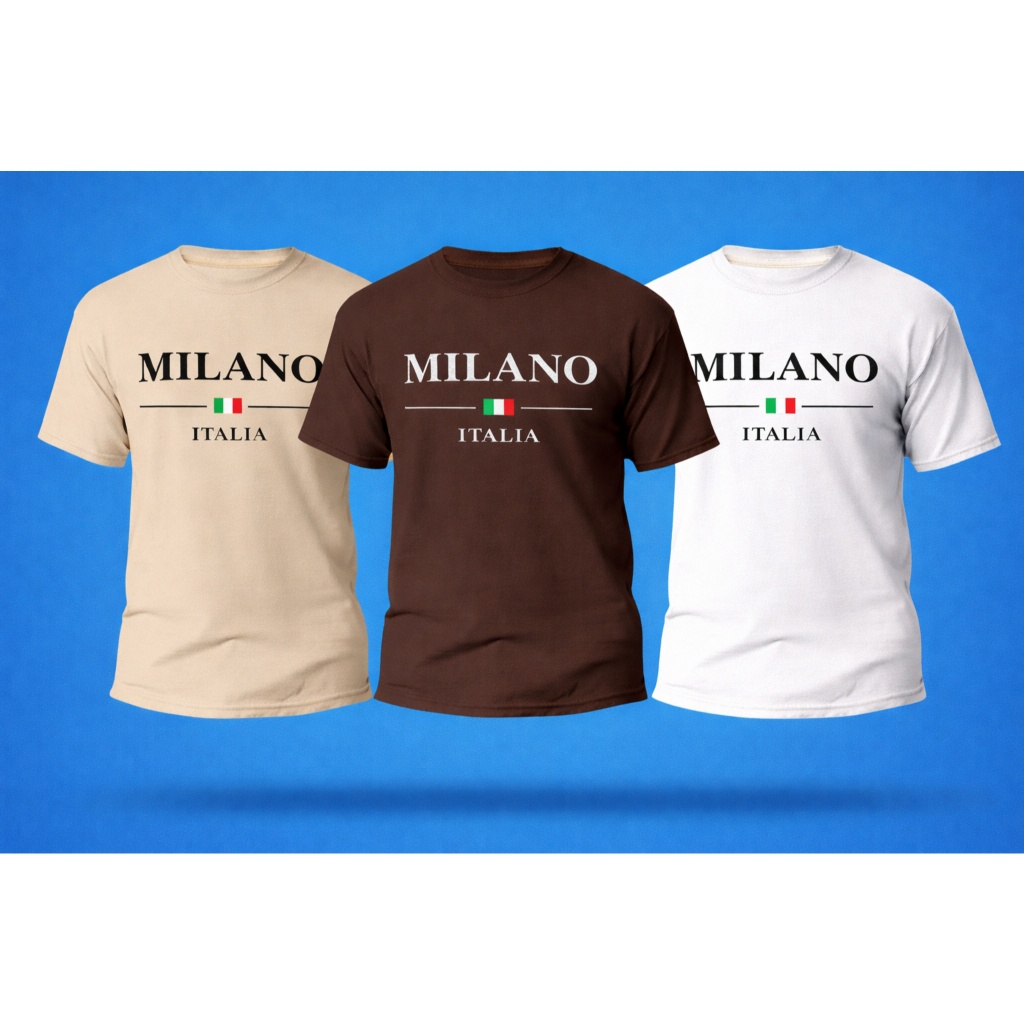 Camiseta Milano Itália Masculina Estampada Minimalista Algodão Premium Preta Branca Bege Marrom